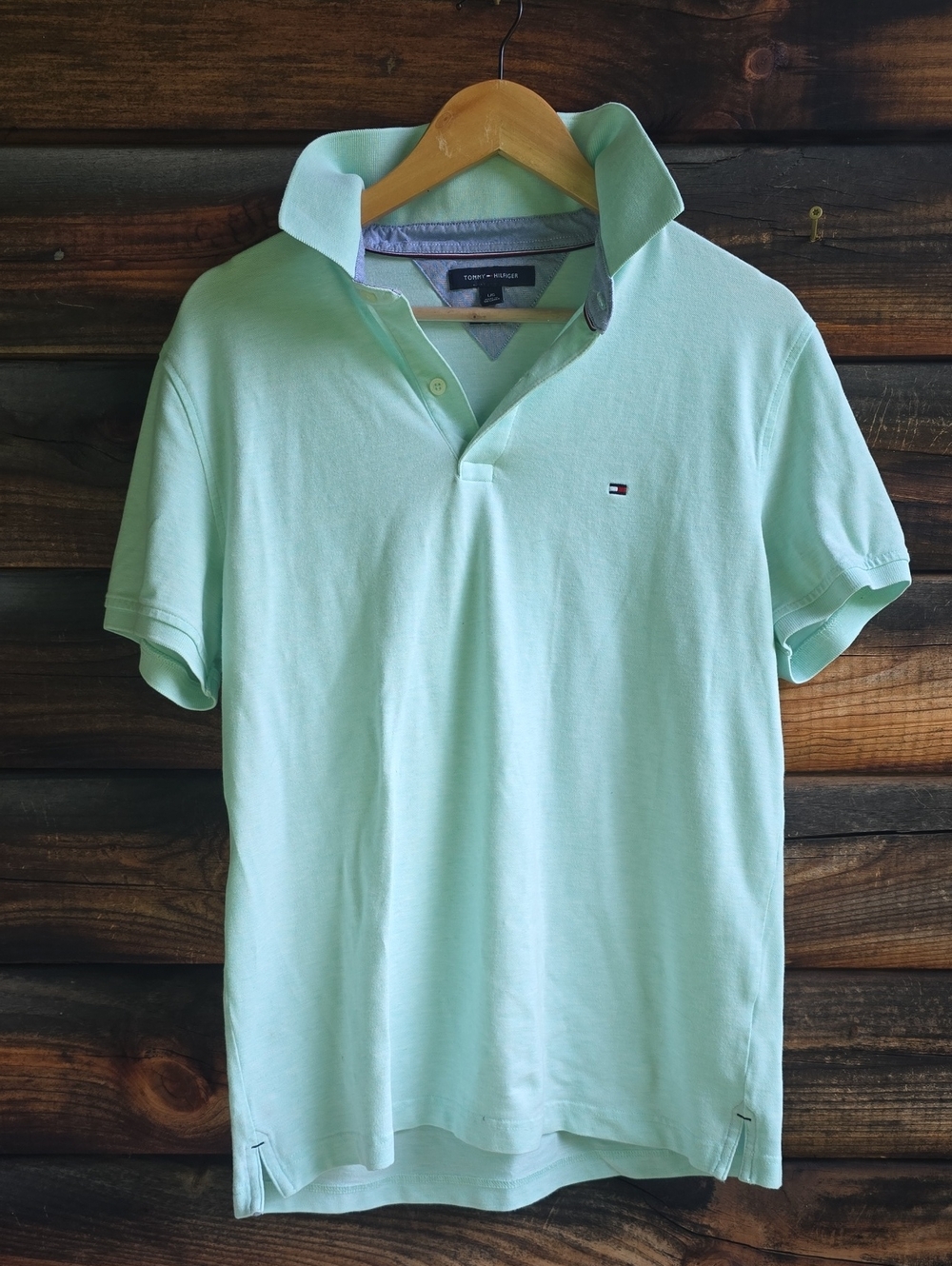 Tommy Hilfiger Cotton Light Mint Green Short Sleeve Polo Flag Slim Fit Sz L